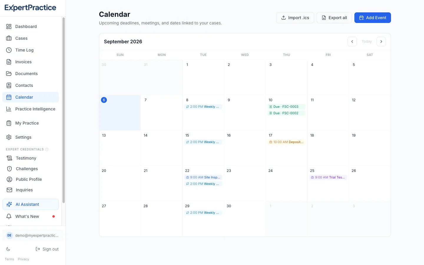 Calendar month view showing case-linked meetings, a deposition, trial testimony, and invoice due-date markers