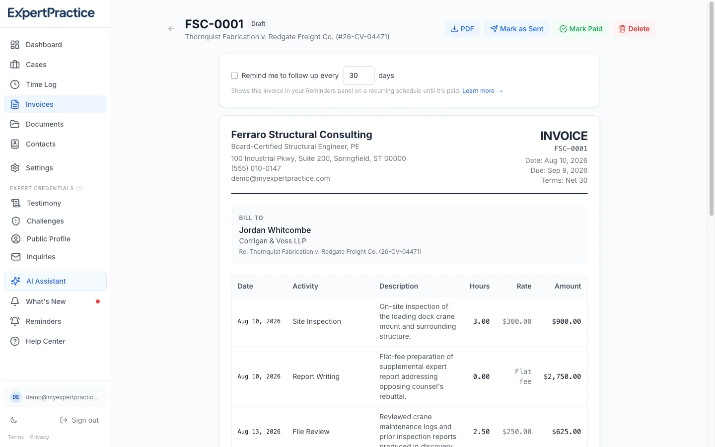 Generated invoice with timestamped entries and a verified rate breakdown